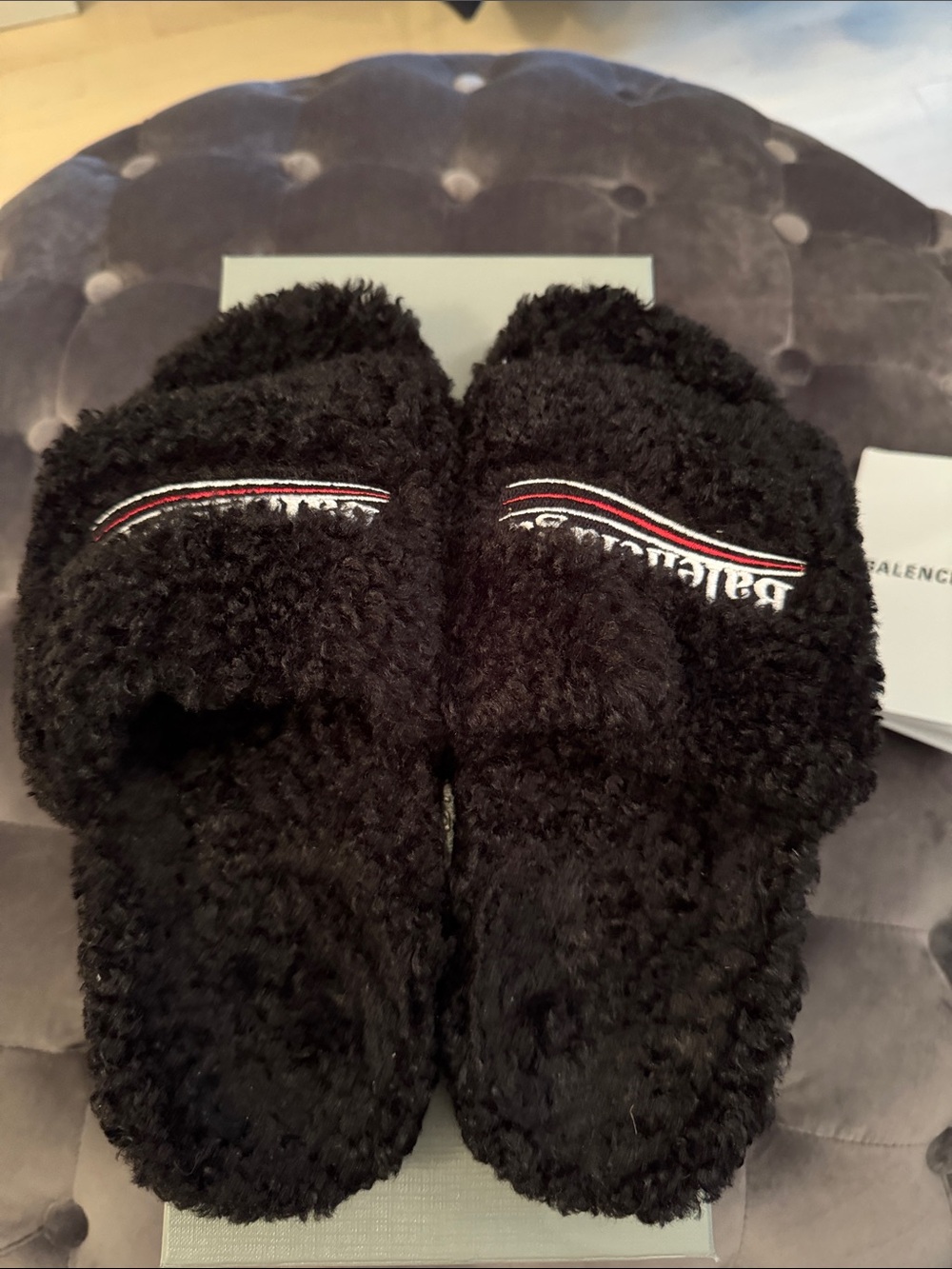 Balenciaga Black Faux  Shearling Slides